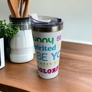 Travel Tumbler White Multicolored Inspirational Print Mug Cup with Lid